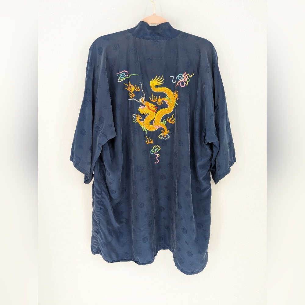 Vintage Hand Embroidered Asian Dragon 100% Silk Blue Kimono Robe Size XL FLAW